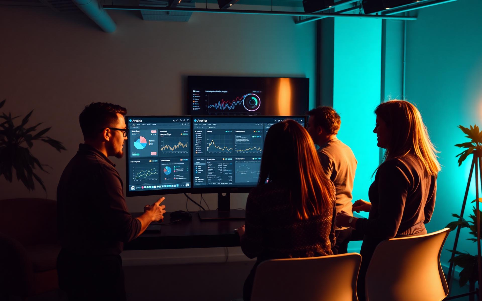 Team reviewing analytics dashboards in a modern studio