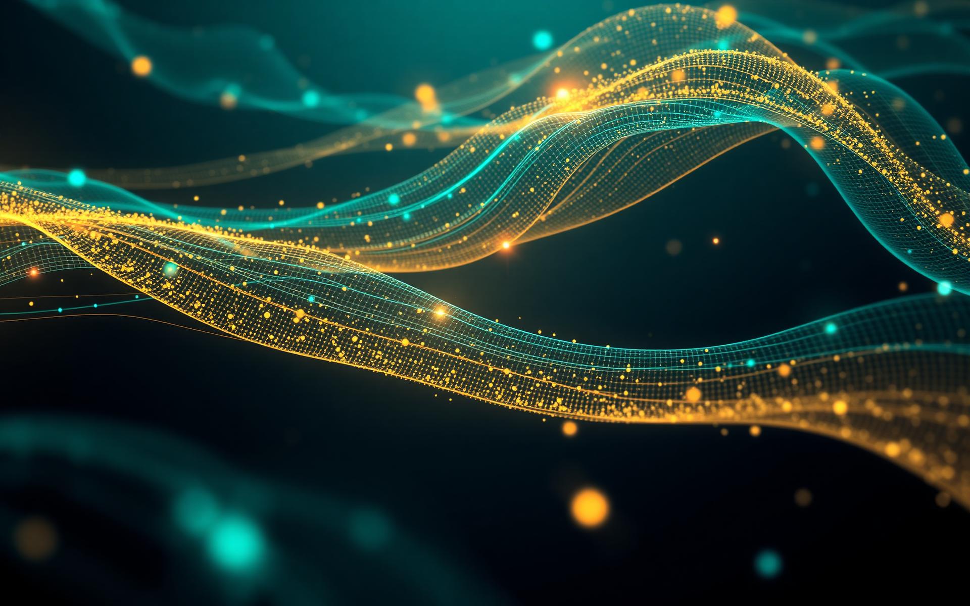 Abstract AI neural network visualization in teal and gold