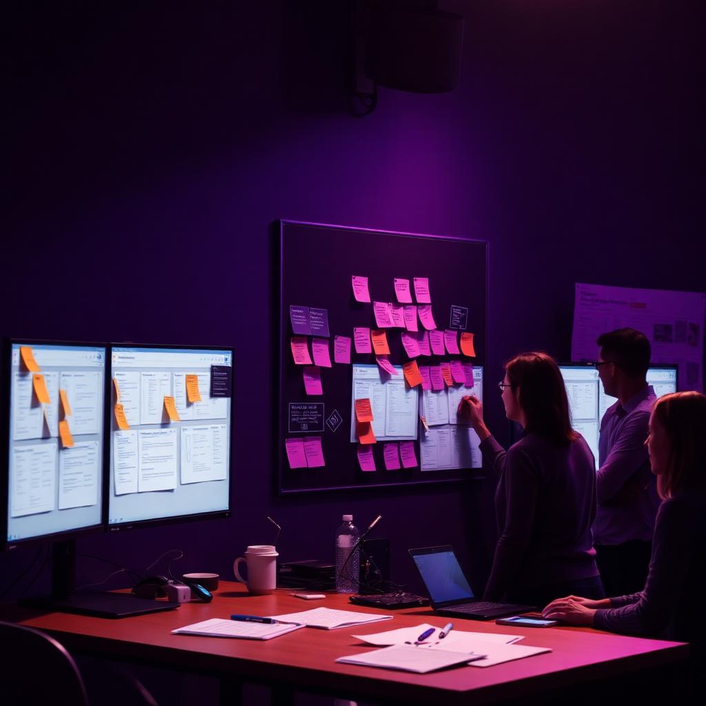 KLYRO team collaborating around a sprint board and monitors